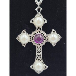 Vintage Sarah Coventry Baroque Cross Necklace Pendant Rhodium 70's Book Piece